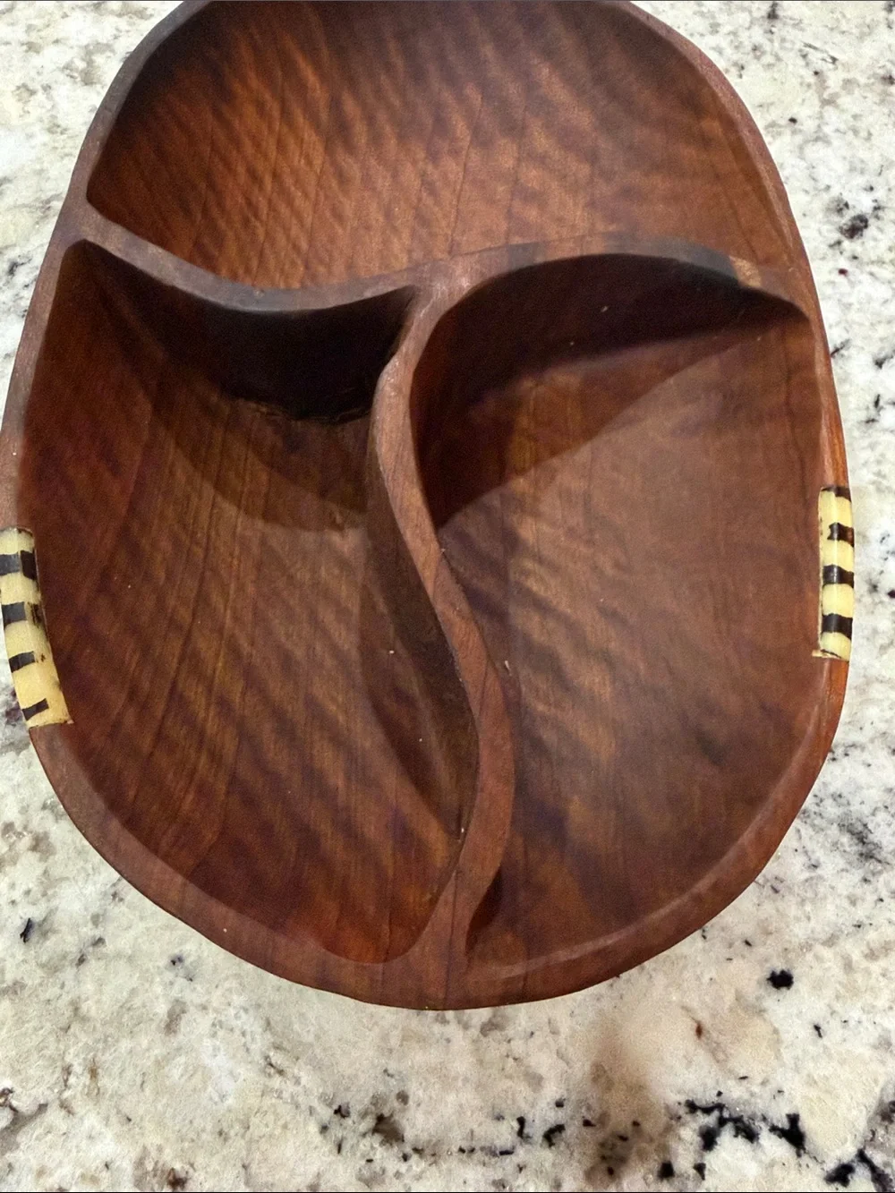 Vintage Handcrafted African Wild Olive Wood Divided Serving Bowl With Bone Inlay